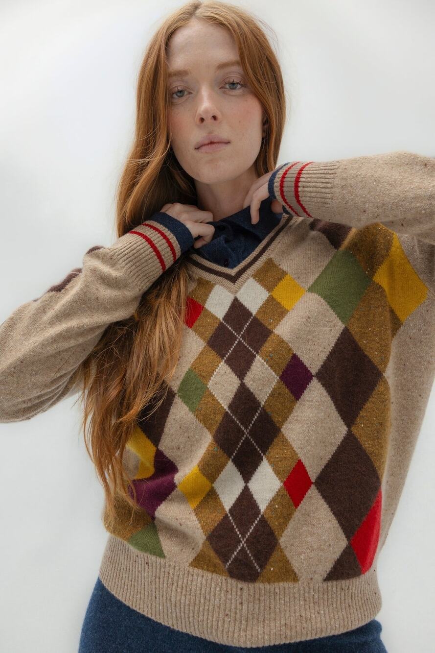NakedCashmere ODDBALL ARGYLE V-NECK - HAYSTACK DONEGAL Small